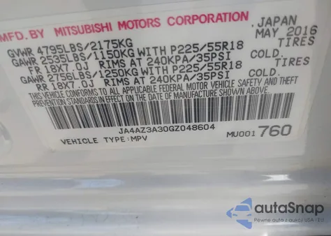 2016 Mitsubishi Outlander Se from USA, damaged, VIN JA4AZ3A30GZ048604